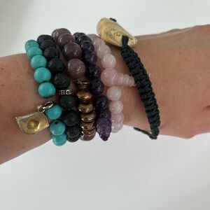 Four in Set Bracelets amethyst, pink quartz, raw amber.